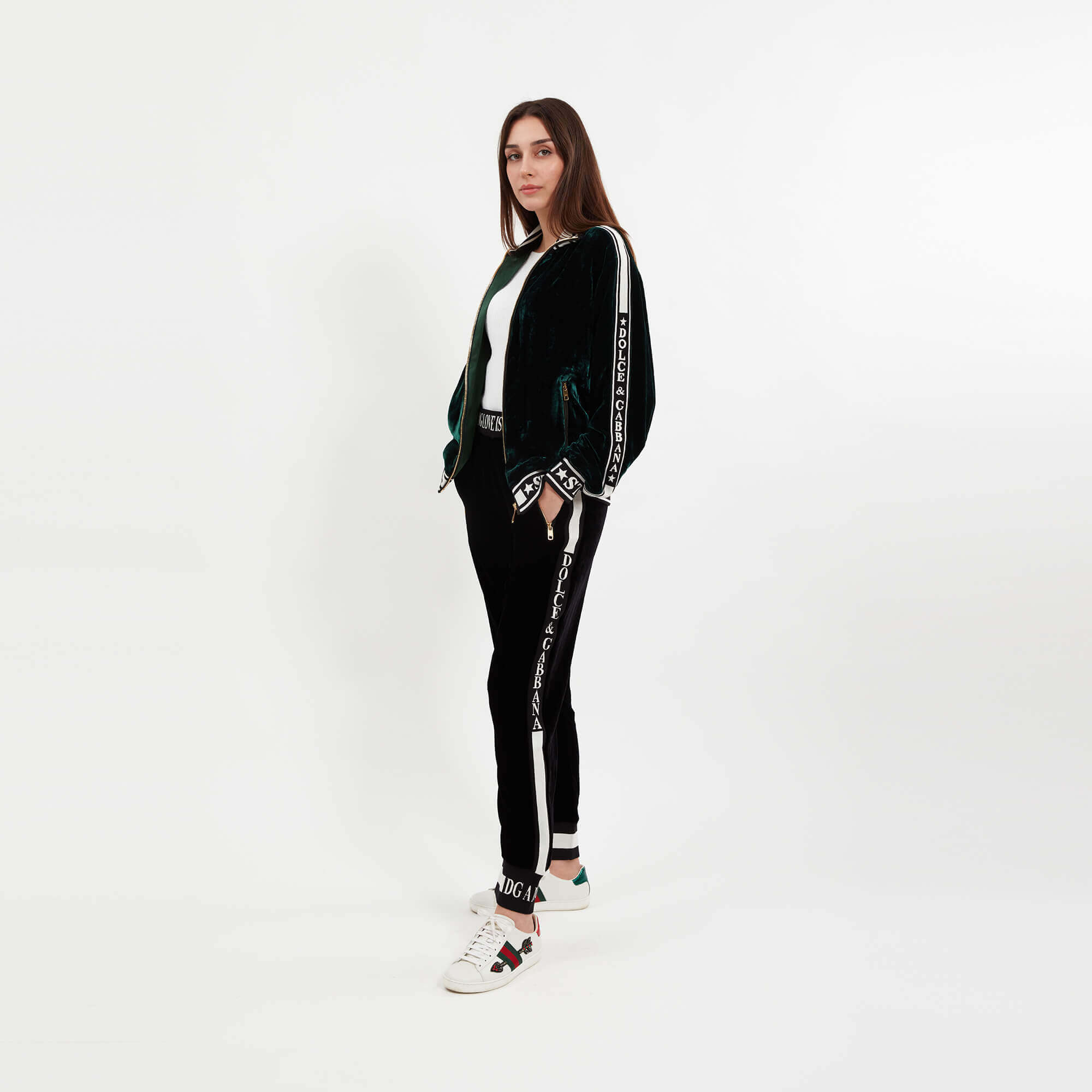 Dolce&Gabbana - Green Velvet DG Star Logo Stripe Front Zip Jacket & Jogger Pants Set